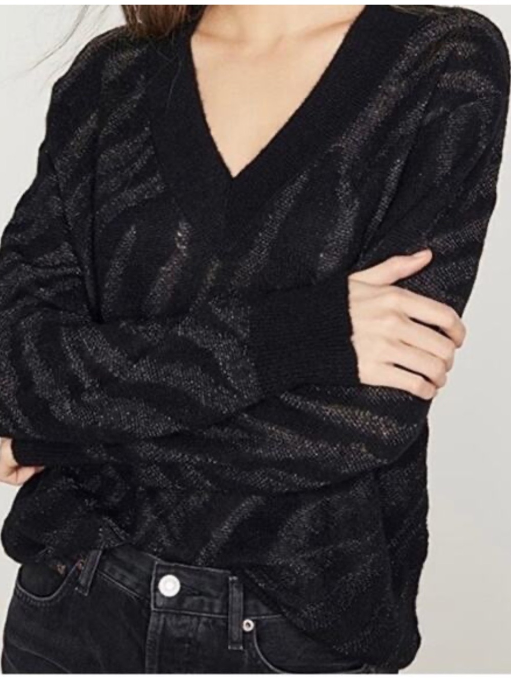 rag & bone Black V-Neck Sweater with Metallic Sheen